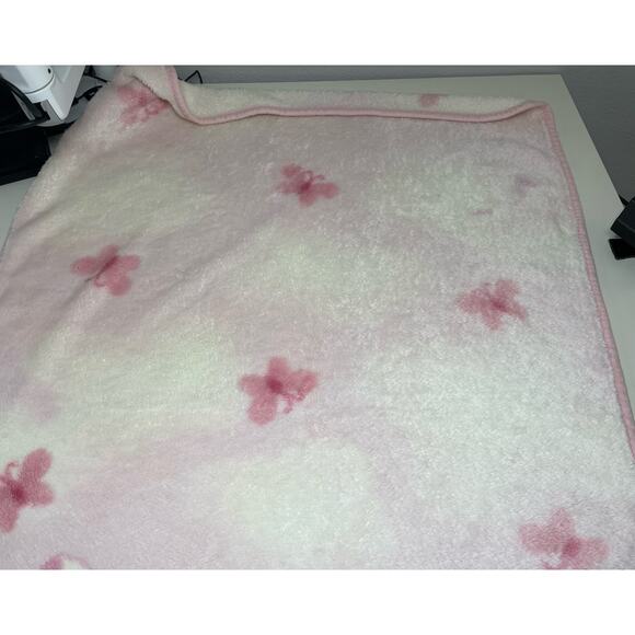 Carters Pink Bunny Baby Blanket Plush Fleece Rabbit Flowers Butterfly *READ* - Picture 3 of 8